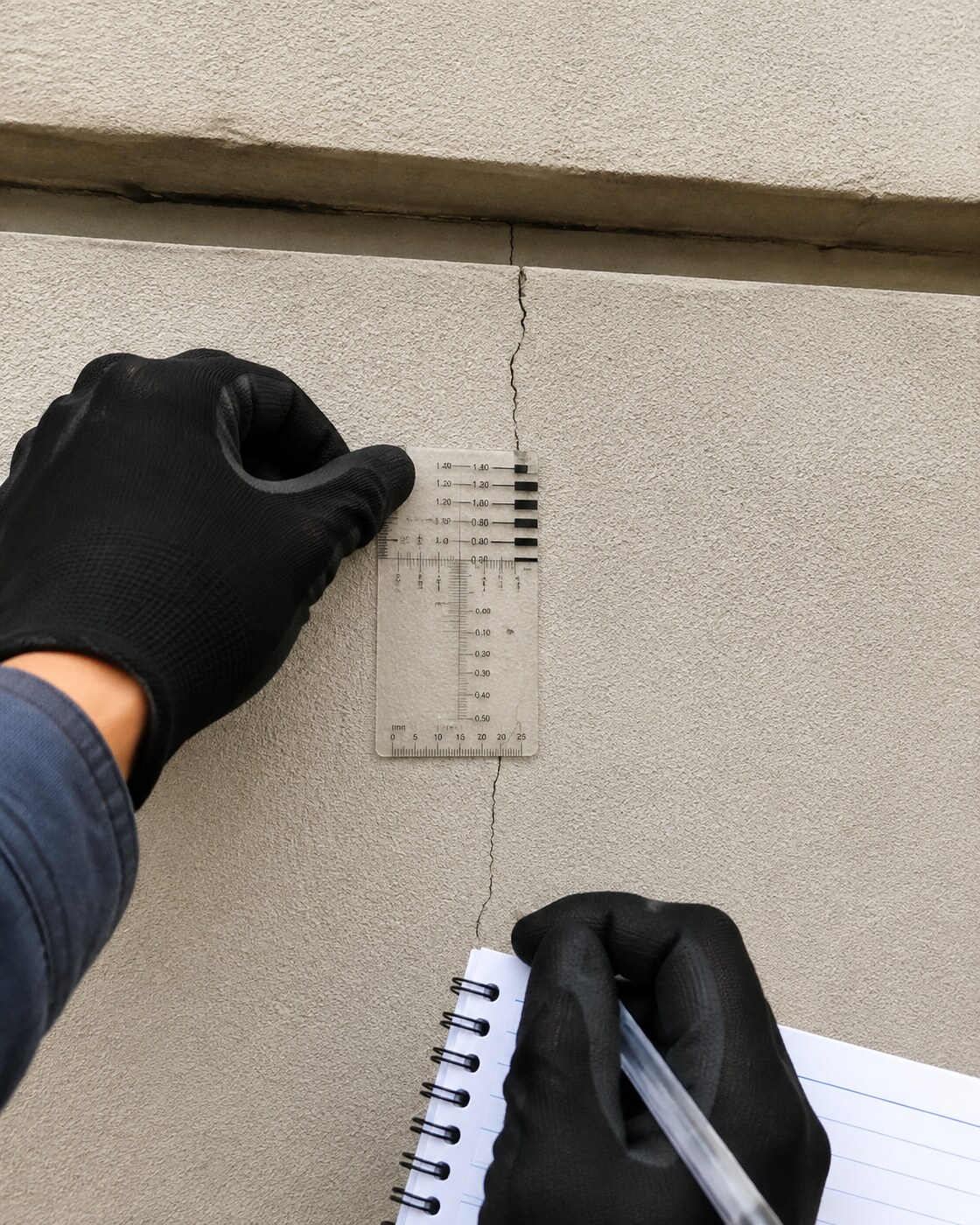 Inspeção de abertura no revestimento de uma parede, com instrumento de comparação e registro.